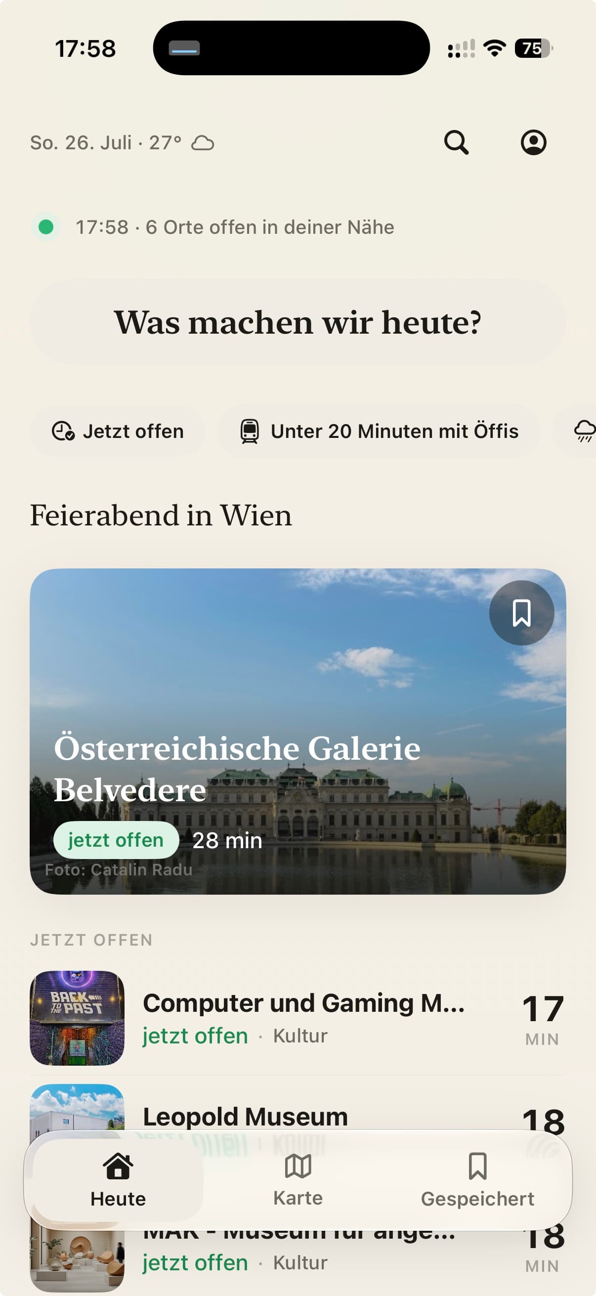 Screenshot der What2Do-App: Heute